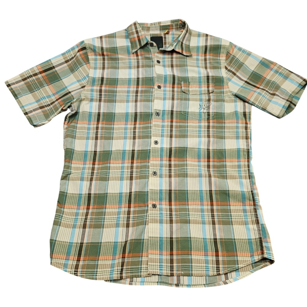 Reef Short Sleeve Button Up Shirt L‎ Green Plaid Outdoor Utility Surf Skate